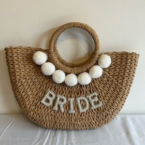Bride Tan Woven Bag with Beading and Pom Poms
